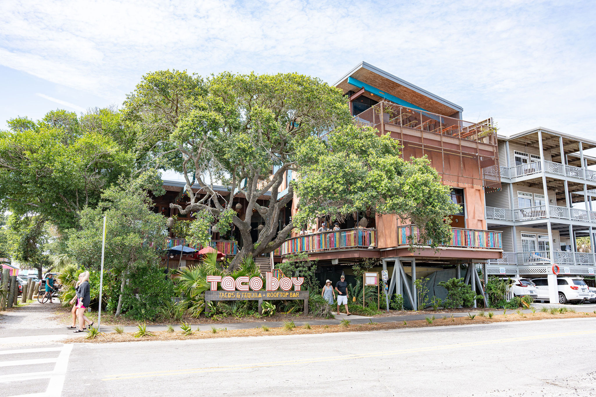 Exterior view of Taco Boy restaurant and rooftop bar on Folly Beach SC