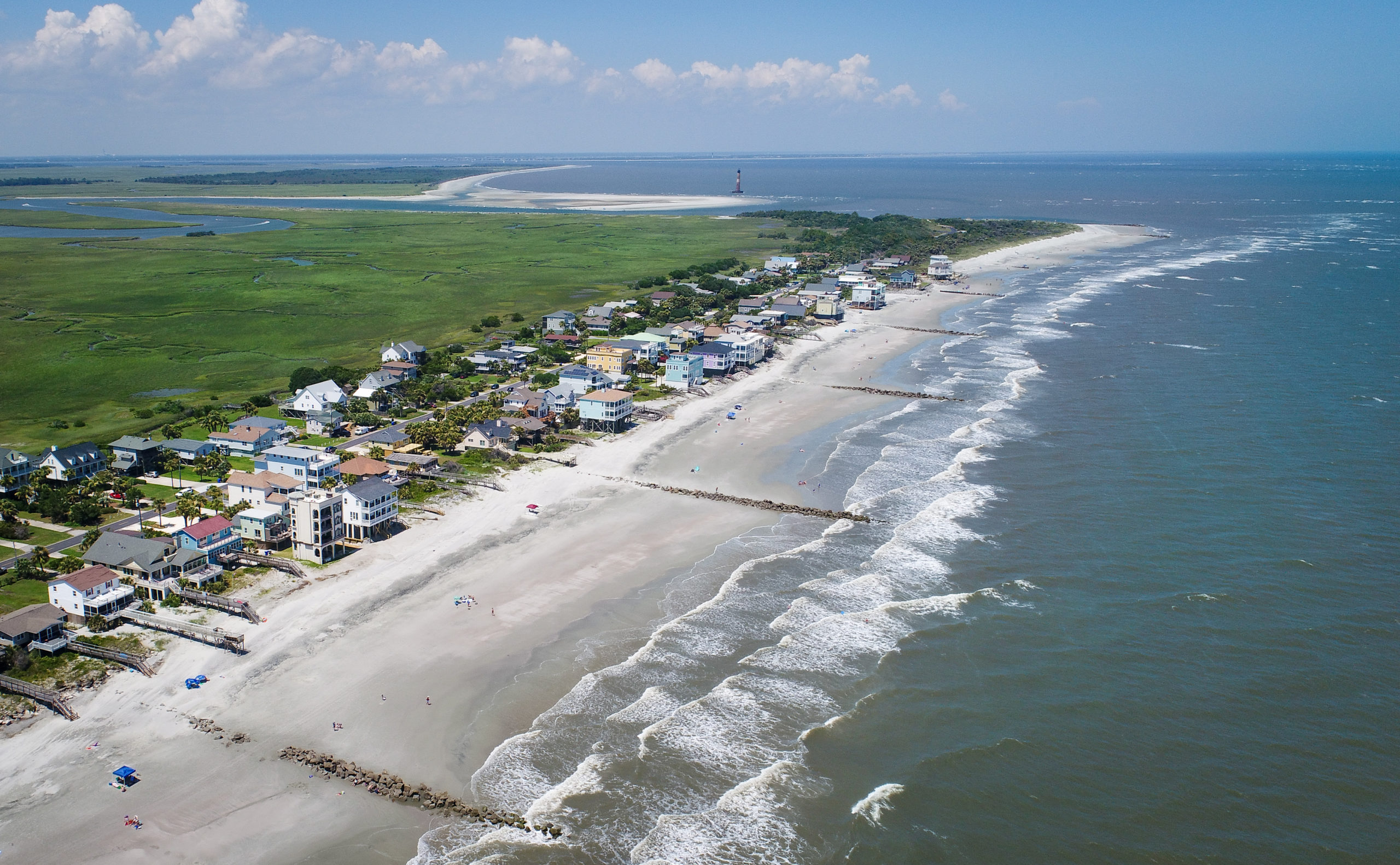 Aerial view of Folly Beach SC and Morris Island Lighthouse