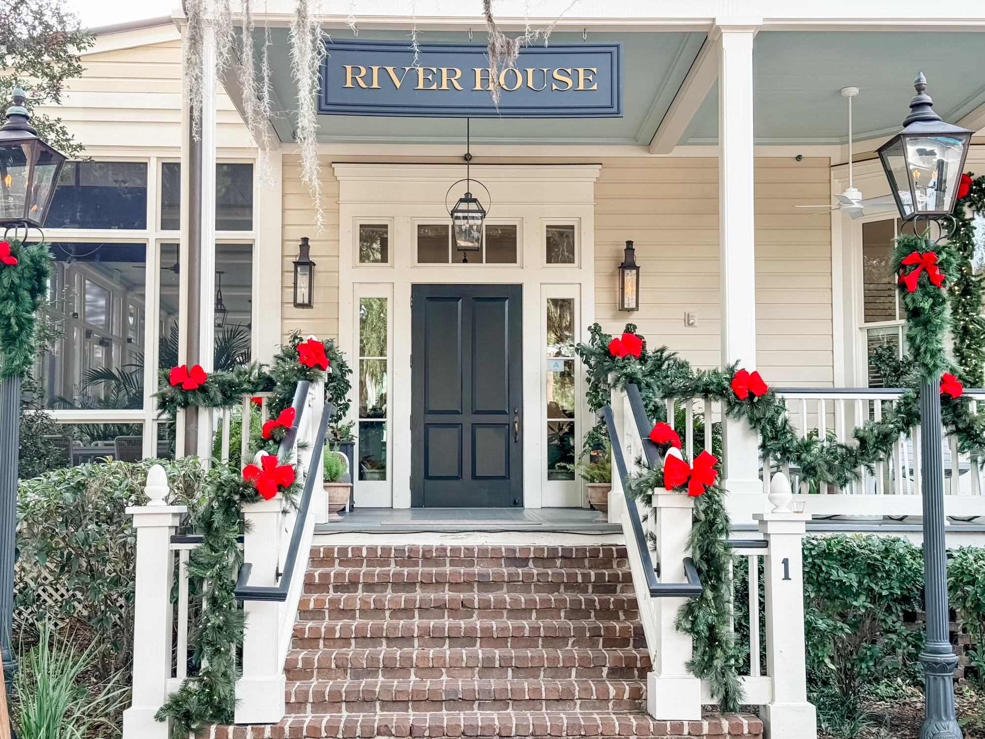 Exterior View of the River House in Palmetto Bluff decorated for the Christmas holiday