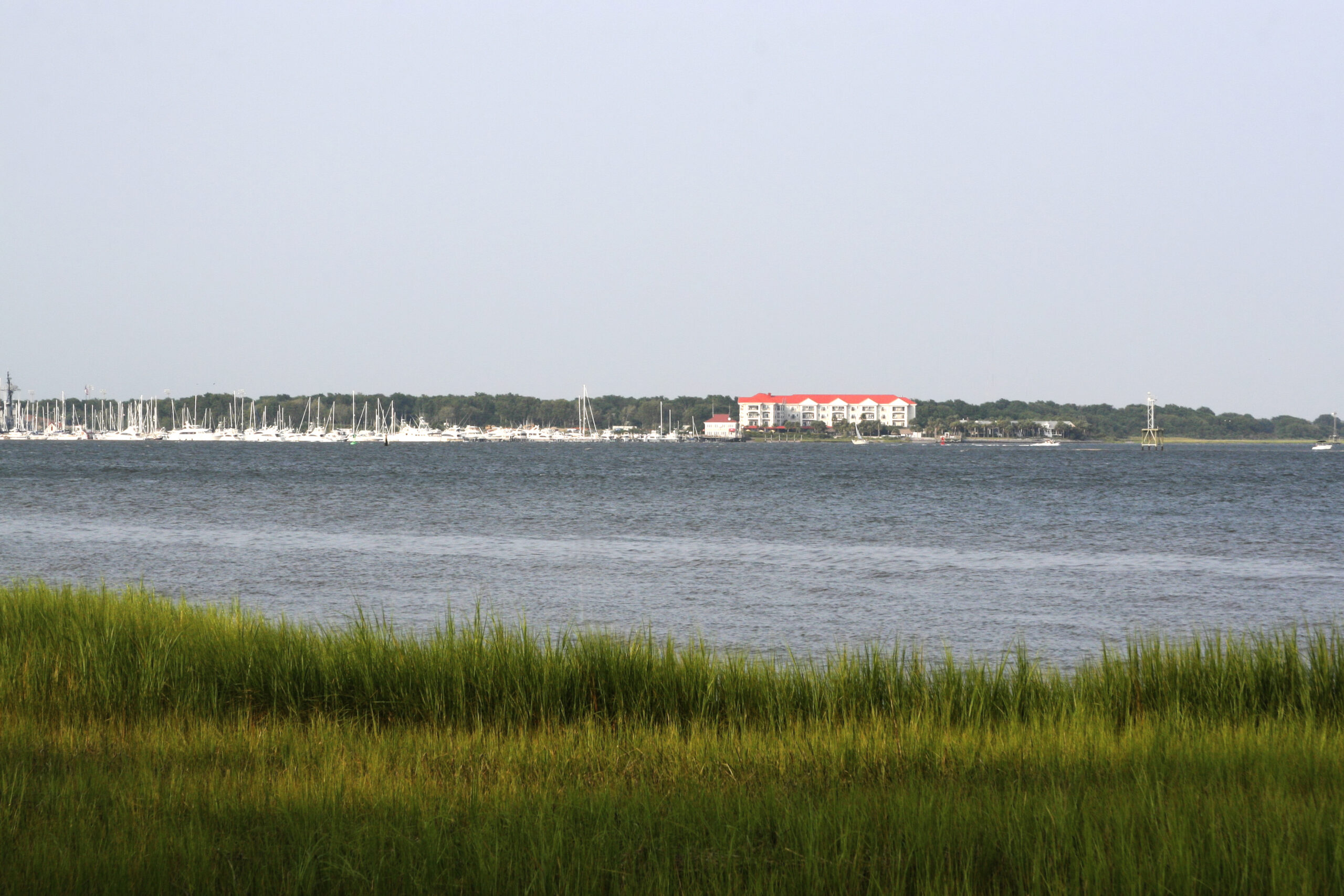 Distant view of marsh and water at Charleston Harbor Charleston SC