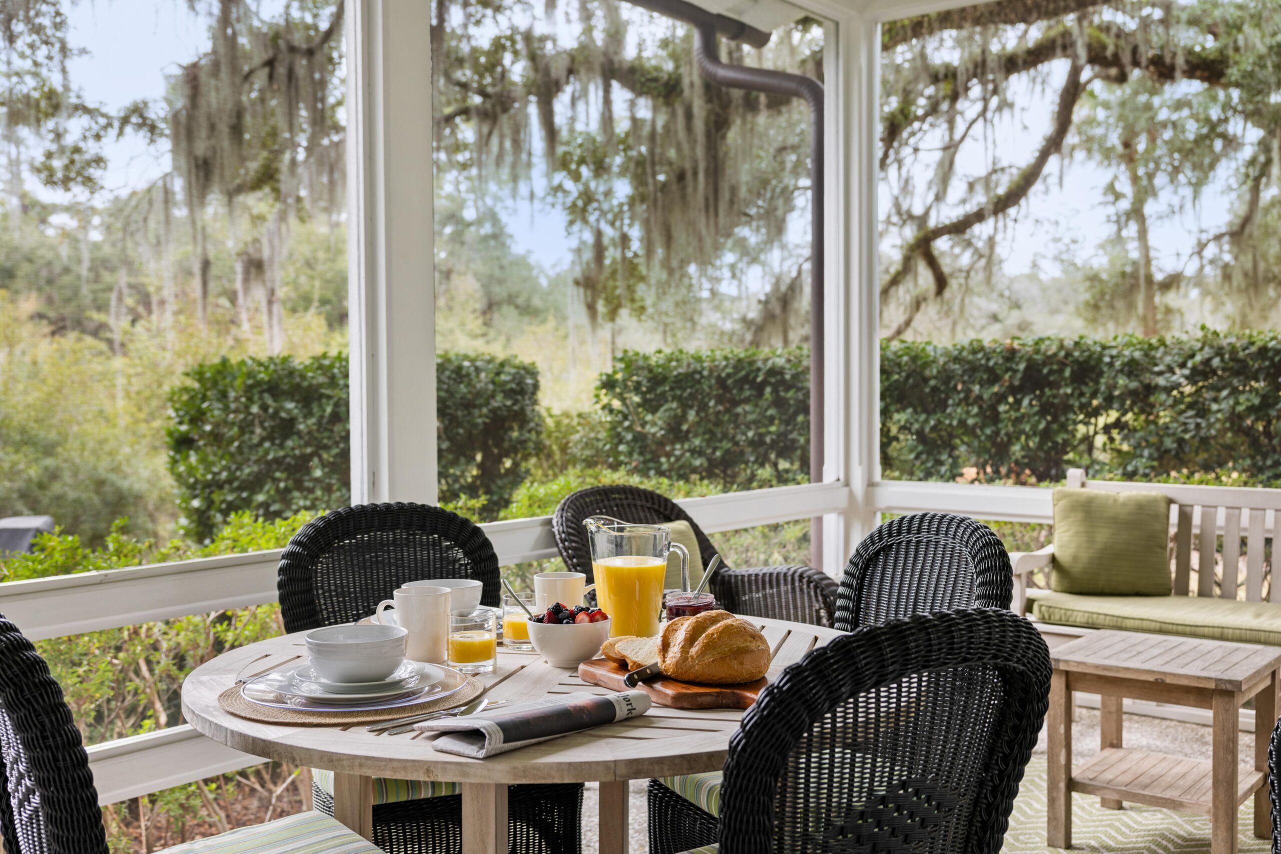 breakfast on a screened porch in Wilson Village Palmetto Bluff SC