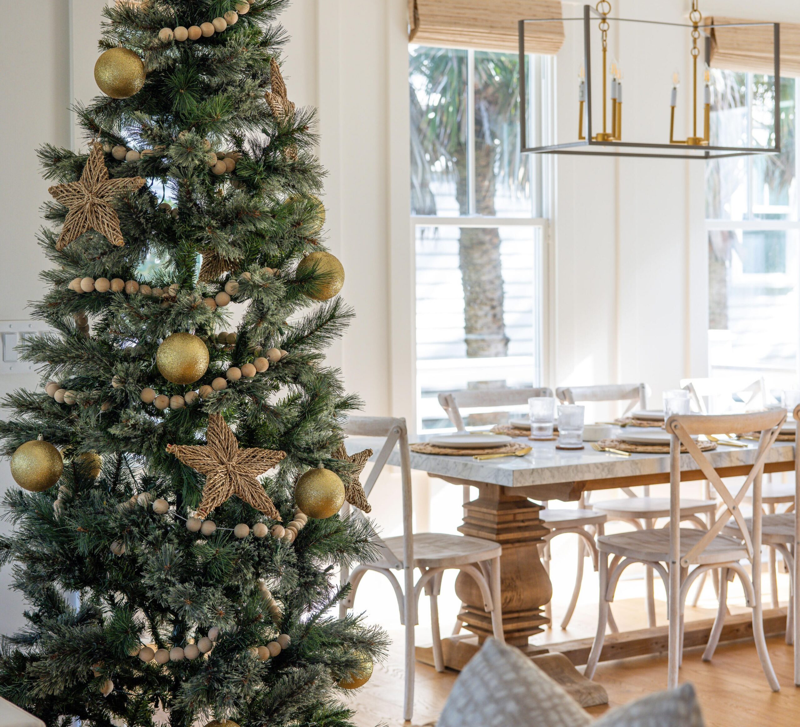 a beautifully decorated Christmas treee at a luxury vacation rental on Isle of Palms SC